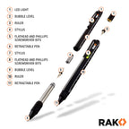RAK Multitool Pen - Multi-Tool Pen Set 11 in 1, LED Light, Screwdrivers, Level, Ruler, Bottle Opener, and Stylus. Cool Gadgets Gifts for Men, Dad, EDC Tactical Pen Tool, Gift-Ready Box, Pack of 2