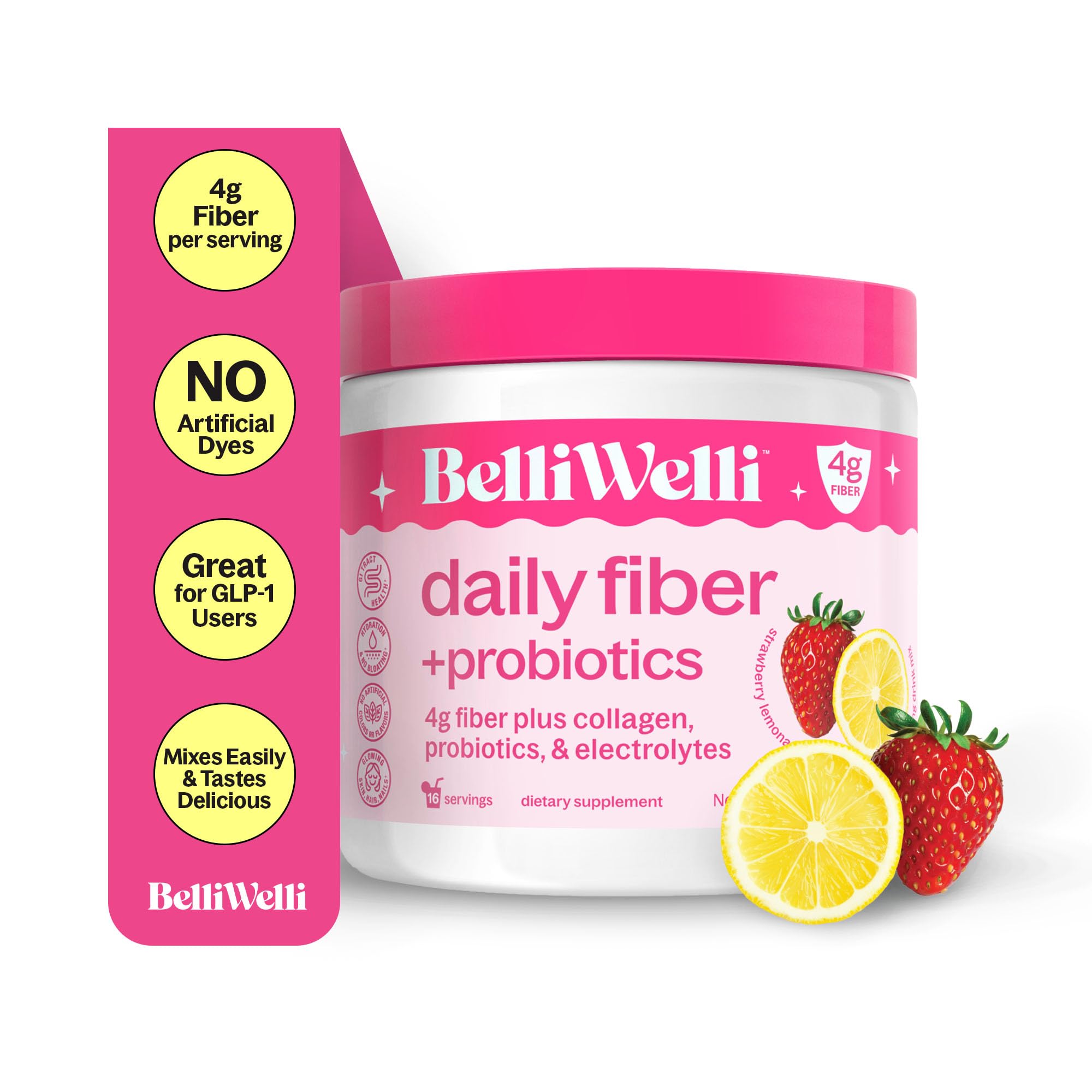 BelliWelli Fiber Supplement for Women & Men Premium Daily Fiber Powder from Organic Acacia with Added Collagen Electrolytes & Probiotics No Bloa Constipation & Gut Health Support (Strawberry Lemonade)