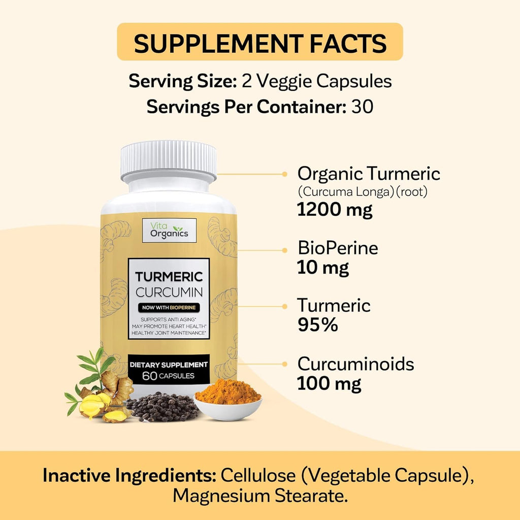 Vita Organics Turmeric Curcumin 1300mg - Extra‑Strength Joint & Inflammation Support - High Absorption with Black Pepper Extract - 95% Curcuminoids Joint Support Supplement - 60 Capsules