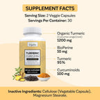Vita Organics Turmeric Curcumin 1300mg - Extra‑Strength Joint & Inflammation Support - High Absorption with Black Pepper Extract - 95% Curcuminoids Joint Support Supplement - 60 Capsules