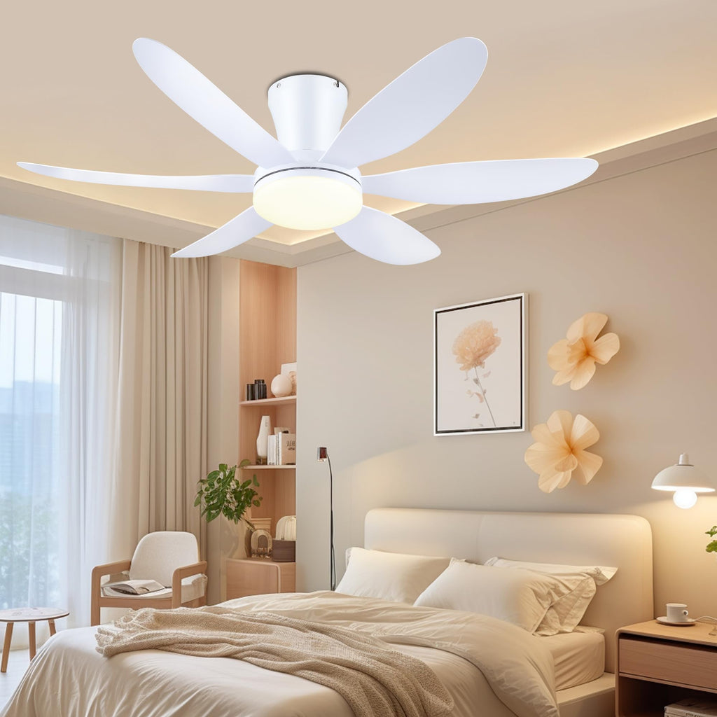 GJeg Ceiling Fans with Lights,42" Low Profile Ceiling Fan with Light and Remote Control,Flush Mount, Reversible, Dimmable, Noiseless, White Ceiling Fan for Bedroom