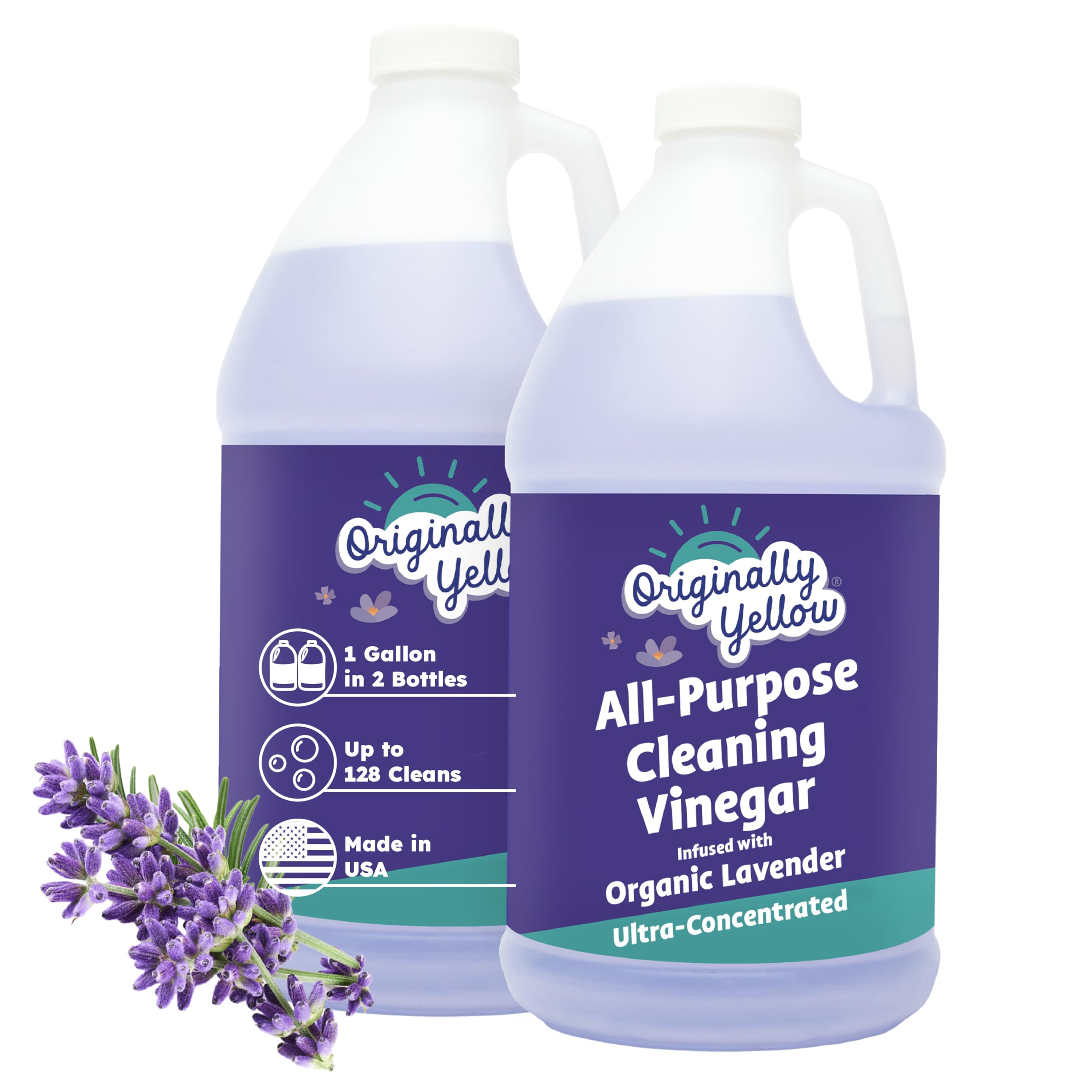 Originally Yellow Lavender White Vinegar For Cleaning Purpose | USA Made All Purpose Cleaner | Use as Glass, Kitchen & Floor Cleaner | Plant Derived Cleaning Vinegar 1 Gallon in 2 pack | 128 Oz