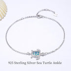 PUPILLEMON 925 Sterling Silver Blue Opal Sea Turtle Anklet for Women