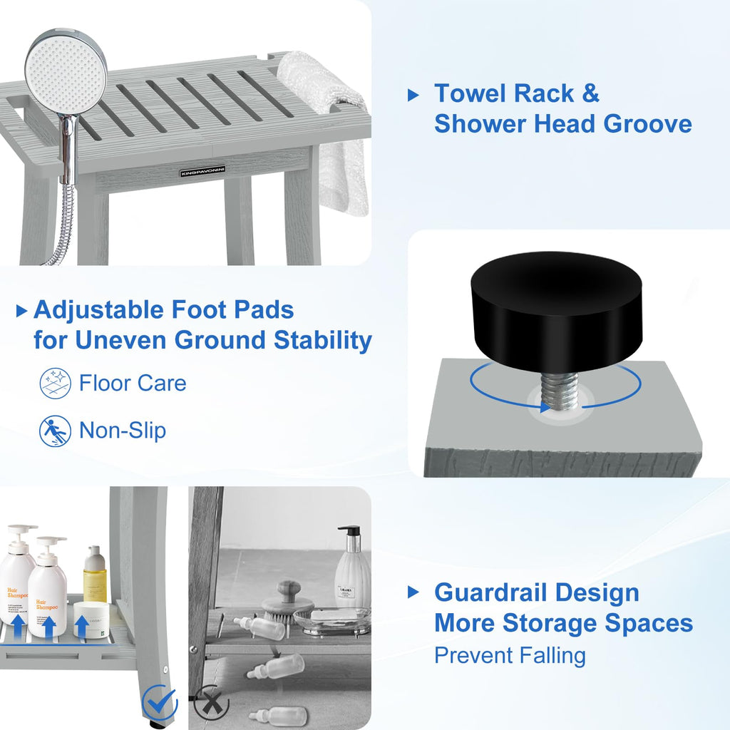 KingPavonini HDPS Shower Benches for Inside Shower to Sit on, Waterproof Shower Stool for Shaving Legs, Heavy Duty 400LBS Shower Seat with Storage Shelf, Shower Chair for Bathroom/Indoor/Outdoor Use