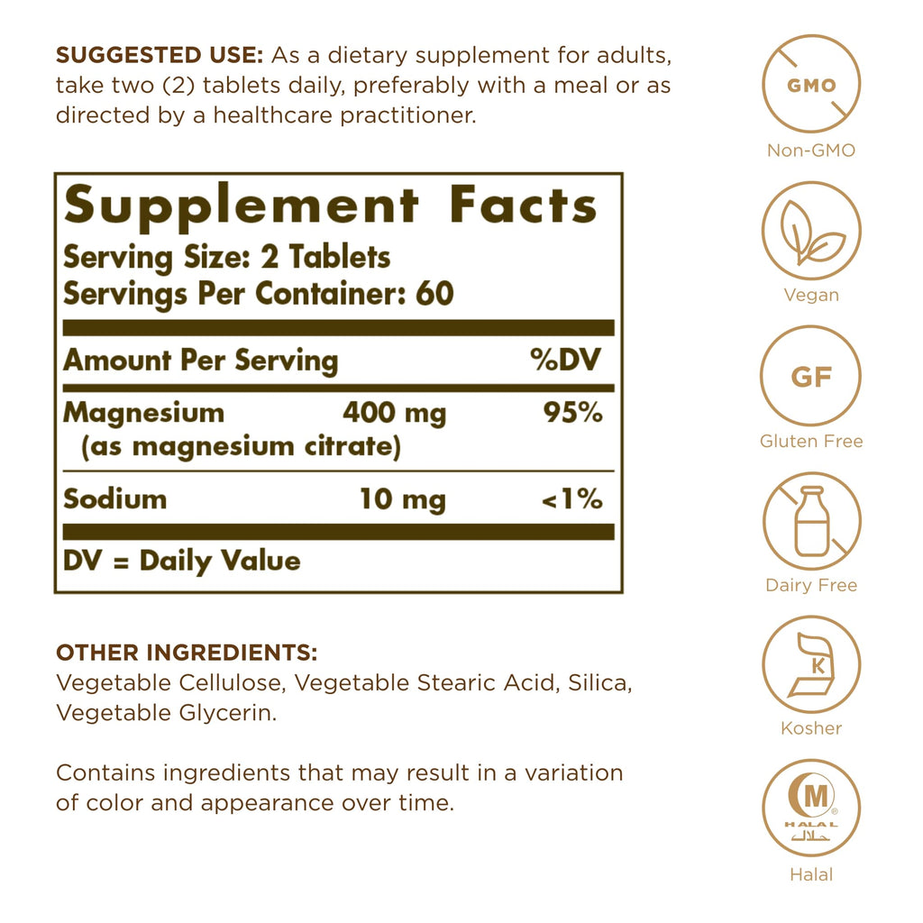 Solgar Magnesium Citrate - 120 Tablets, Pack of 2 - Promotes Healthy Bones, Supports Nerve & Muscle Function - Highly Absorbable - Non-GMO, Vegan, Gluten Free, Kosher - 120 Total Servings