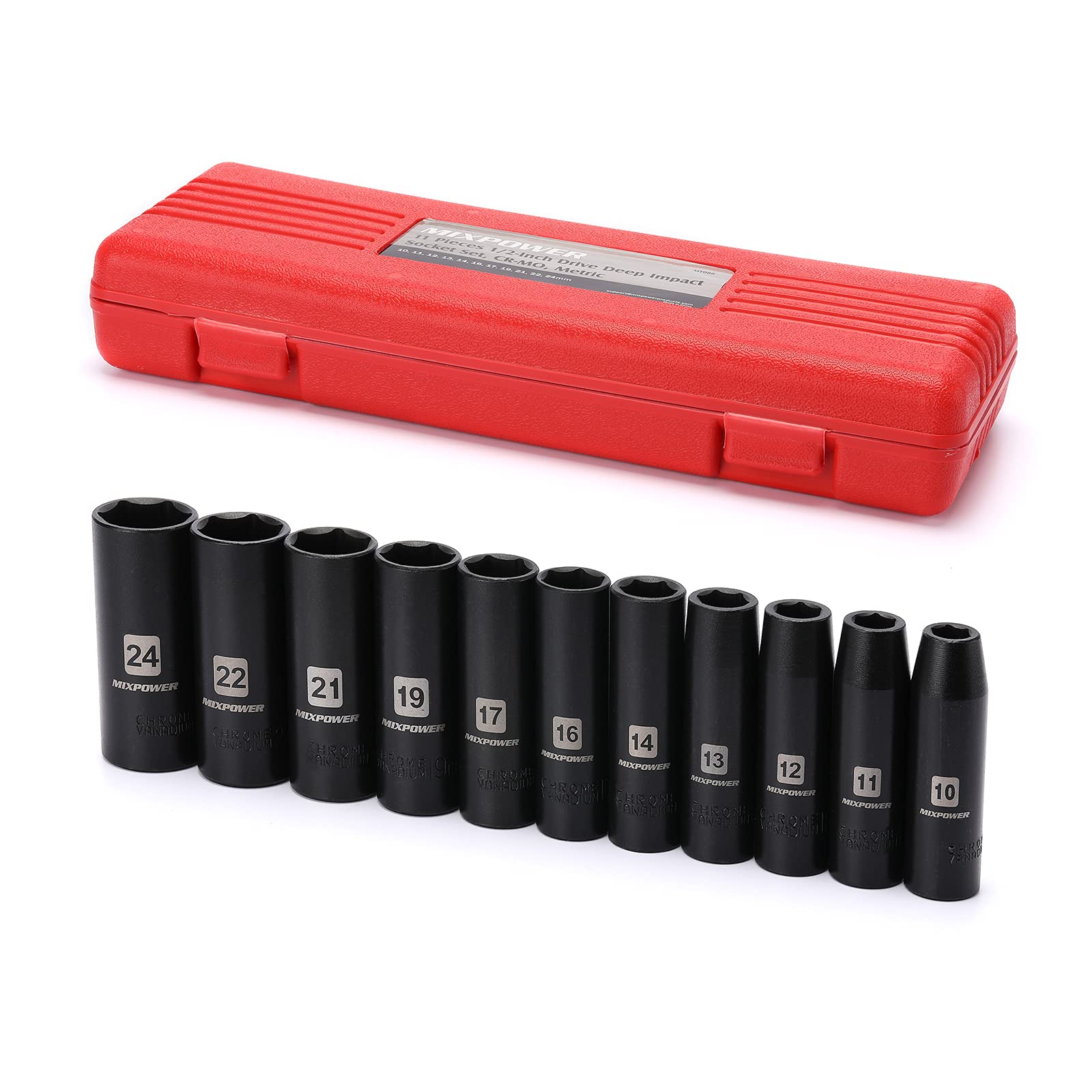 MIXPOWER 11-Piece 1/2-Inch Drive Deep Impact Socket Set, CR-V, Metric, 6 Point, Deep, 10-24mm