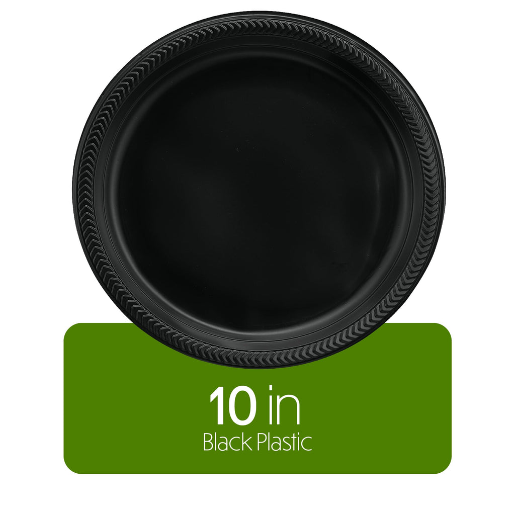 PLASTICPRO 200 PCS Black Plastic Plates Light Weight 10'' Inch Plastic Dinner Plates Black Plates Disposable for Party and Wedding