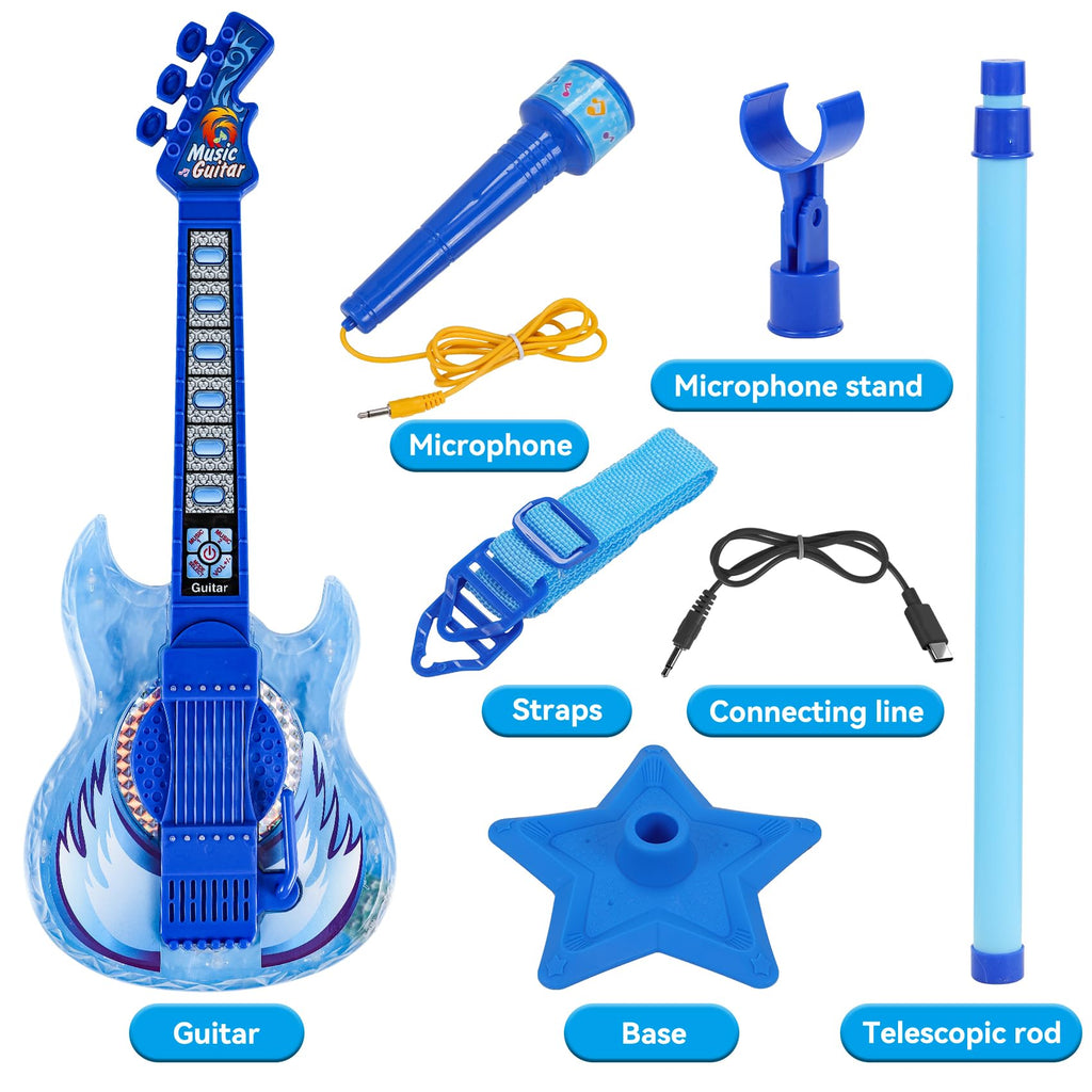 Guitar and Microphone Play Set for Boys New Upgrade,Karaoke Machine with Music&Light,Microphone Toys with Stand,Adjustable Height Guitar Toys for Kids,Toddlers,Child