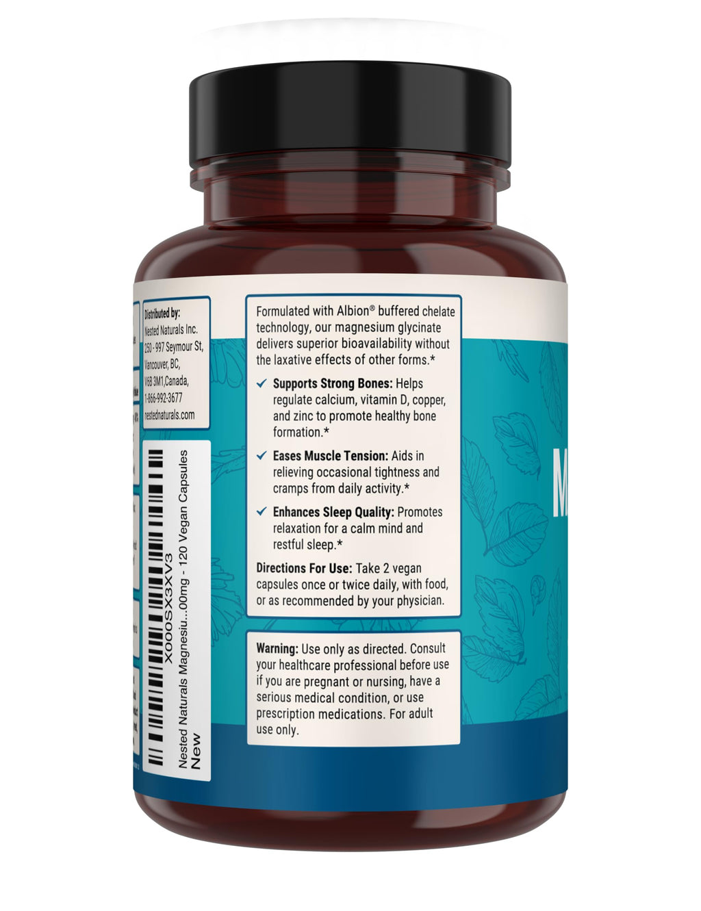Nested Naturals Magnesium Glycinate Chelate - 200mg Chelated Magnesium Supplement for Muscle Cramps, Relaxation, & Sleep Support - 100% Albion TRACCS Buffered Magnesium Glycinate - 240 Vegan Capsules