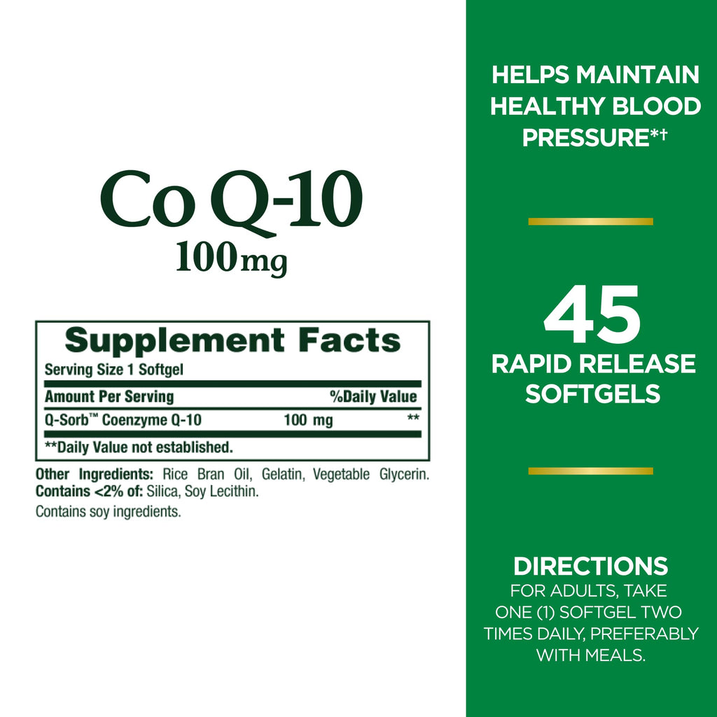 Nature's Bounty CoQ10 100mg for Heart Health Support, Non-GMO Q-Sorb Coenzyme Q-10 Antioxidant Support and Cardiovascular Wellness, Dietary Supplement, Rapid Release Softgels, 45 ct