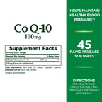 Nature's Bounty CoQ10 100mg for Heart Health Support, Non-GMO Q-Sorb Coenzyme Q-10 Antioxidant Support and Cardiovascular Wellness, Dietary Supplement, Rapid Release Softgels, 45 ct