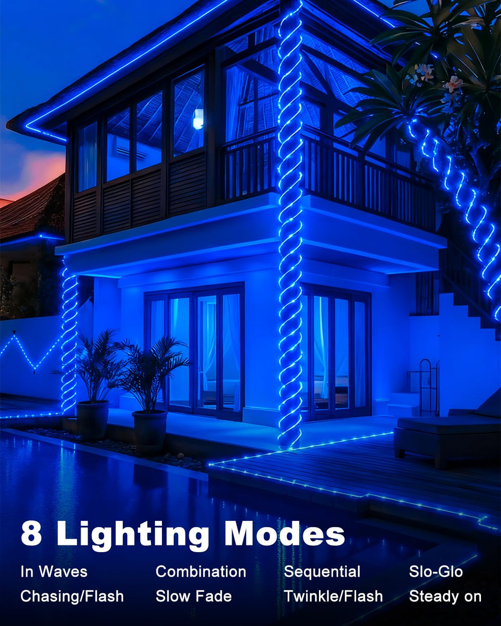 btfarm Solar Rope Lights Outdoor, 120LED 46FT Solar String Lights Outside Waterproof, 8 Lighting Modes Tree Tube Fairy Light Solar Powered for Garden Christmas Yard Party Decorations, Blue