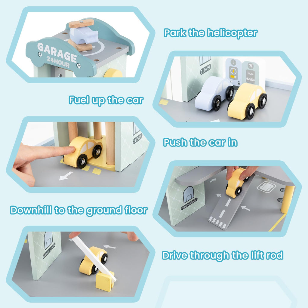 GLACER Wooden Garage Playset, Toddler Parking Garage Toy w/Elevator, Helipad, Wash Center, Charging & Gas Station, Pretend Vehicle Center for Kids 3+ Years Old