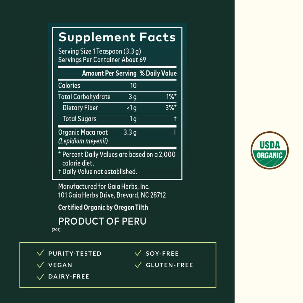 Gaia Herbs Maca Powder - Energy Supplement - Traditionally Used to Support Healthy Energy & Stamina* - Made with USDA Certified Organic Maca Root (Lepidium meyenii) - 8 Oz (69 Servings)