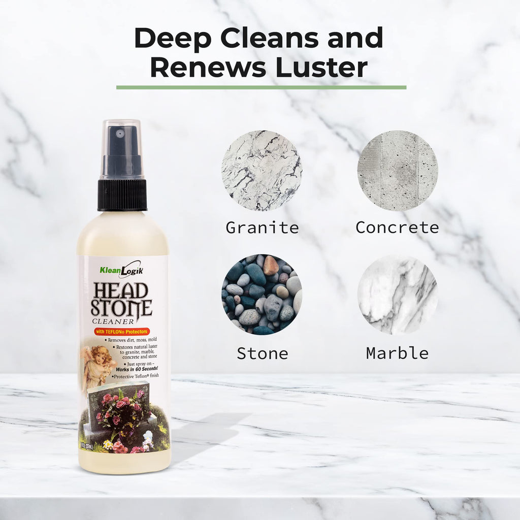 KleanLogik Headstone Cleaner For Graves & Memorials, Tombstone Cleaner Solution Removes Dirt & Plant Growth To Restore Natural Luster To Granite, Marble, Slate, Concrete, Limestone & Stone, 8 Fl Oz