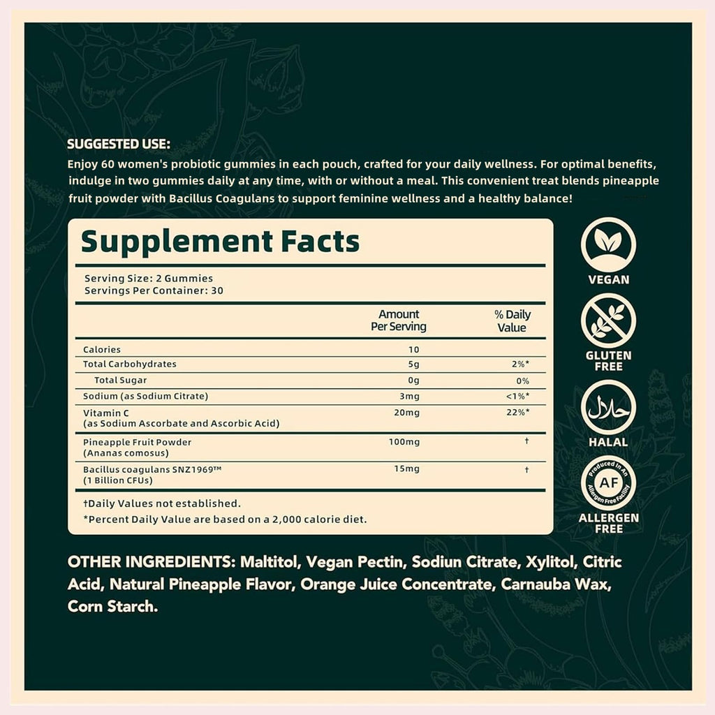 Women's Probiotic Gummies – Feminine pH Balance Probiotics Gummies & Vaginal Flora Support – Digestive Health – Vegan, Gluten-Free – Hawaiian Pineapple Gummy – 60 Count (30 Servings)（P1）