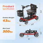 Lightweight Mobility Scooter for Adults & Seniors - Cruise & Airport Approved, 43lb Foldable Portable Motorized Scooters with Removable Lithium Battery for 12.4 Miles Travel, 300lb Capacity, Red