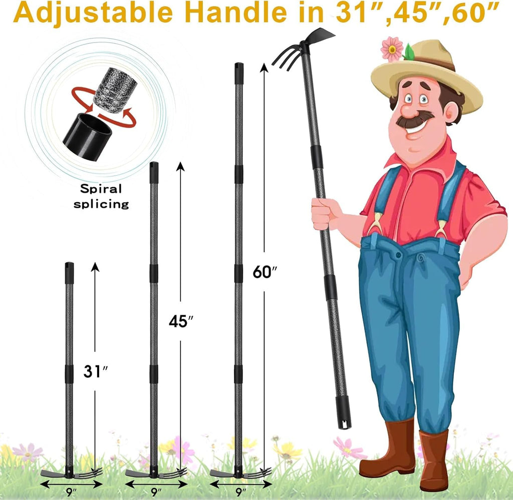 Hoe and Cultivator - 60” Long Handle - Heavy Duty Garden Hoe Tiller, Standing Hoe Garden Tools Durable Cultivator Hoes Hand Rake Fork for Gardening Weeding Planting Loosening Soil