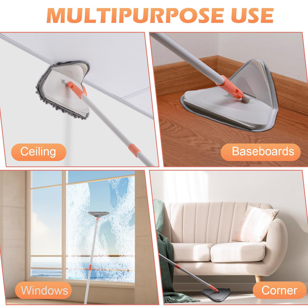 Wall Cleaner Triangle Mop with 82'' Long Handle - Wall Scrubber, Cleaning Washer Tool with 4 Microfiber Chenille Duster Pads for Clean Walls, Ceiling, Windows, Baseboards, Floors (Gray)