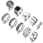 MEDOJO 10 Pcs Men's Stainless Steel Vintage Signet Ring Square Pinky Thumb Chunky Thin Band Ring Vintage Biker Band Rings Set 10