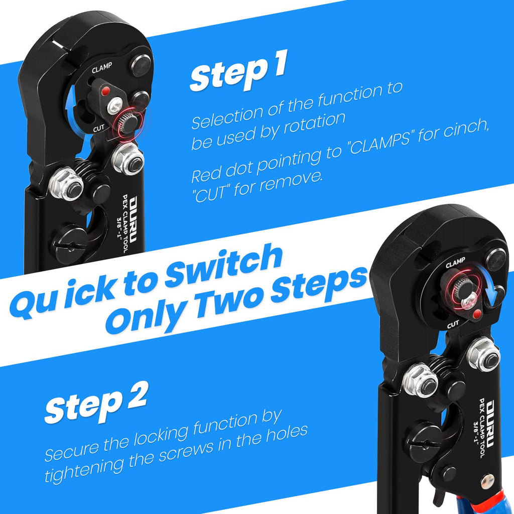 OURU 2 IN 1 Ratchet Pex Crimping Tool Cinch and Remove Combo Function Pex Pipe Crimp Tool from 3/8" to 1" Pex Crimper with Pex Cutter and Stainless Steel Pex Clamps 1/2" 25PCS,3/4" 10PCS