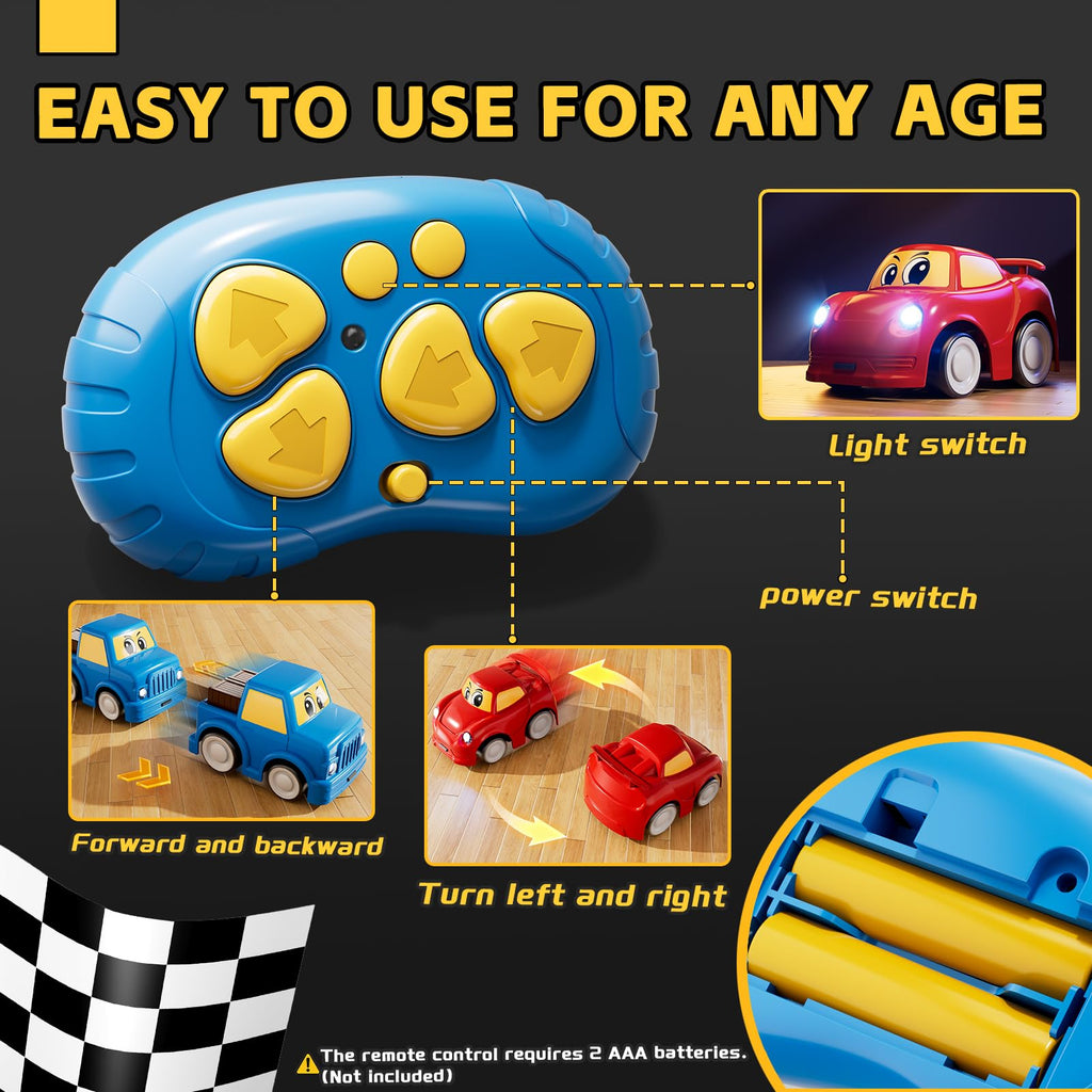 WATUDOU Remote Control Car for Toddlers 1-3 2-4 3-5, 2 Pack Cartoon 2.4 GHz RC Cars for Kids, Electric Hobby RC Car Toys, Christmas Birthday Gifts Toys for Kids Boys Girls 2 3 4 5 6 Years Old