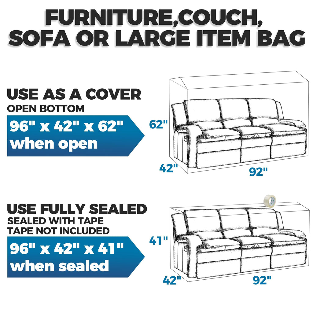 Plastic Furniture Covers for Moving - Heavy-Duty Couch Cover for Sofa, Waterproof & Dustproof Clear Moving Bags for Renovation, Wrap or Storage - Extra Large Bag Open Size 96 x 42 x 62 Inch