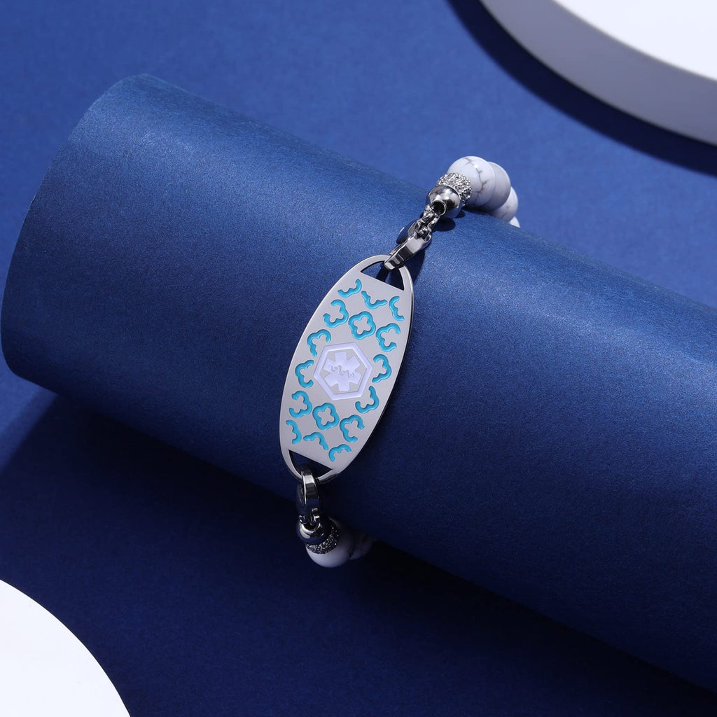 JFJEWER Medical Alert Bracelets for Women Free Engraving, Personalized Customizable ID Bracelet, White Turquoise Beaded Emergency Bracelets - Style 6