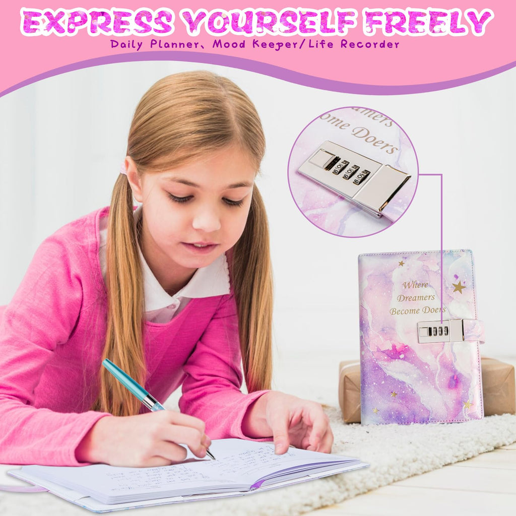 Kutoda Diary with Lock, 192 Pages College Ruled Journal with lock, A5 Secret Lock Journal with Pen and Color Notes for Girls Ages 8-12, Birthday Gifts for Girls, Purple