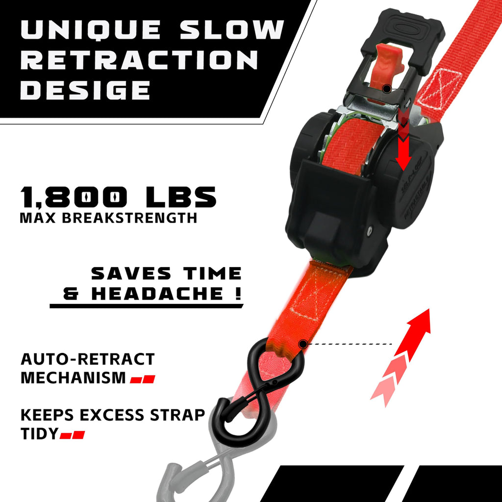 Retractable Ratchet Straps (2-Pack) - Heavy Duty Auto Slow Retraction Tie Down Straps - 1 Inch x 13 Feet (1,800lb Break Strength) for Truck, Cargo Trailer, Motorcycle, ATV, UTV - Red