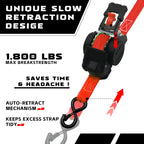 Retractable Ratchet Straps (2-Pack) - Heavy Duty Auto Slow Retraction Tie Down Straps - 1 Inch x 13 Feet (1,800lb Break Strength) for Truck, Cargo Trailer, Motorcycle, ATV, UTV - Red