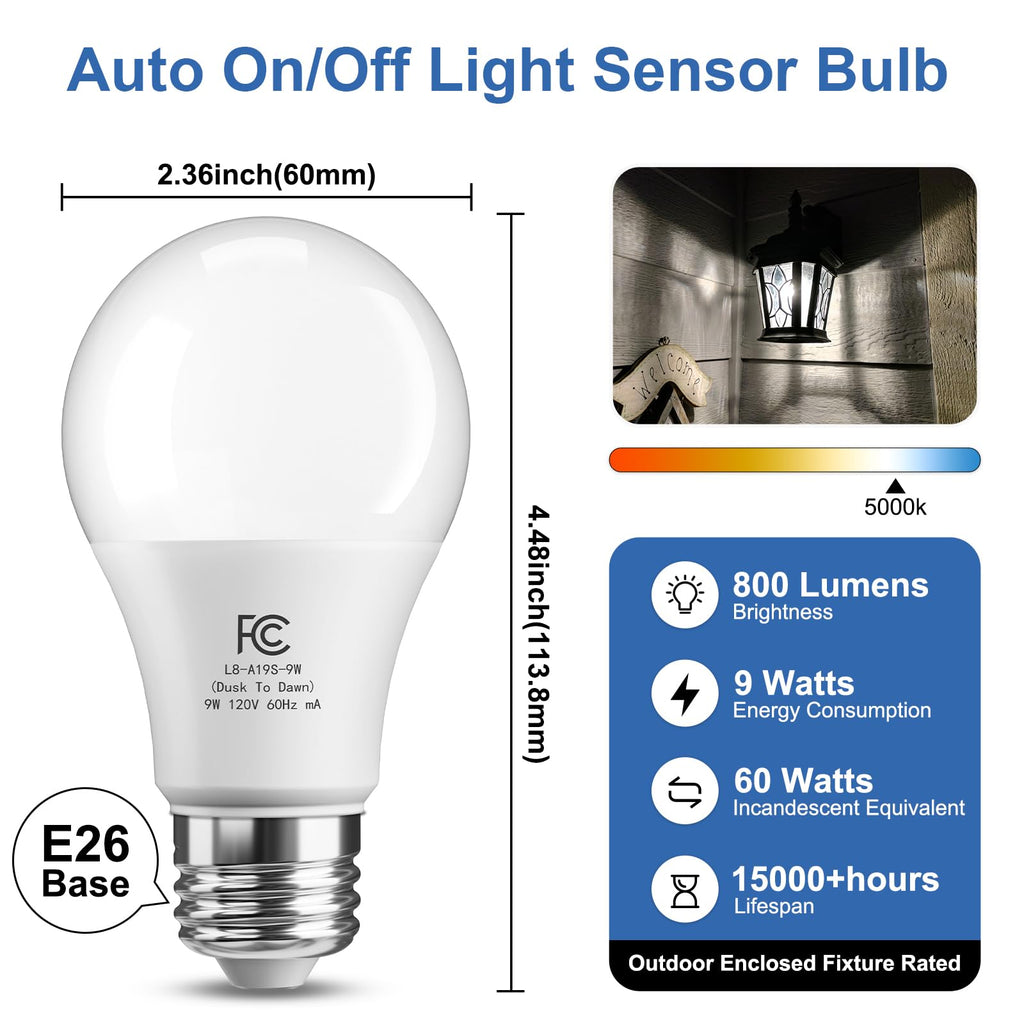 TJOY 8 Pack Dusk to Dawn Light Bulbs Outdoor, Light Sensor A19 LED Light Bulb, Automatic on/Off Photocell Bulb for Outdoor Porch Lighting, 60W Equivalent, Energy Efficient 9W, Daylight 5000K, E26 Base