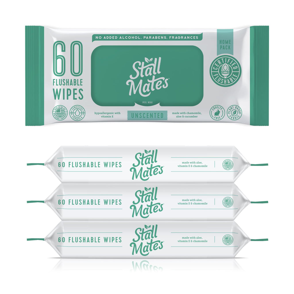 Stall Mates Wipes: Flushable Wipes, 60-Wipe Home Pack, Hypoallergenic, Unscented with Vitamin-E & Aloe, (4 Pack - 240 Total)