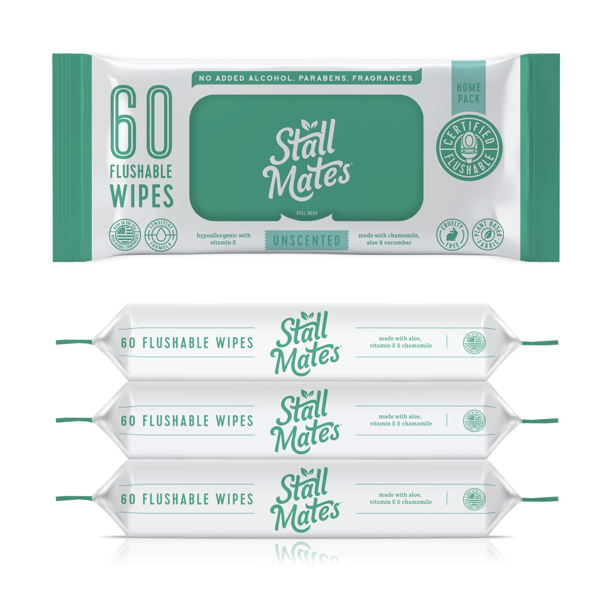 Stall Mates Wipes: Flushable Wipes, 60-Wipe Home Pack, Hypoallergenic, Unscented with Vitamin-E & Aloe, (4 Pack - 240 Total)