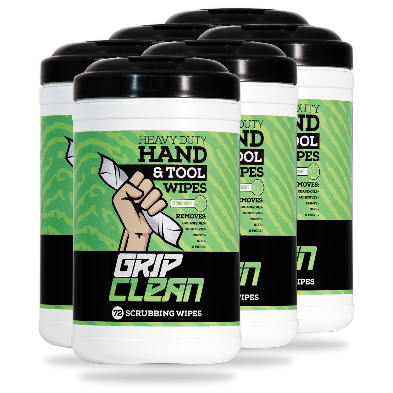 Grip Clean Heavy Duty Hand & Tool Cleaning Wipes – Waterless Hand Cleaner for Mechanics, Garage & Shop Use – Dual-Sided Grease, Oil & Paint Remover Wipes with Citrus Scent - 72ct (6 Pack)