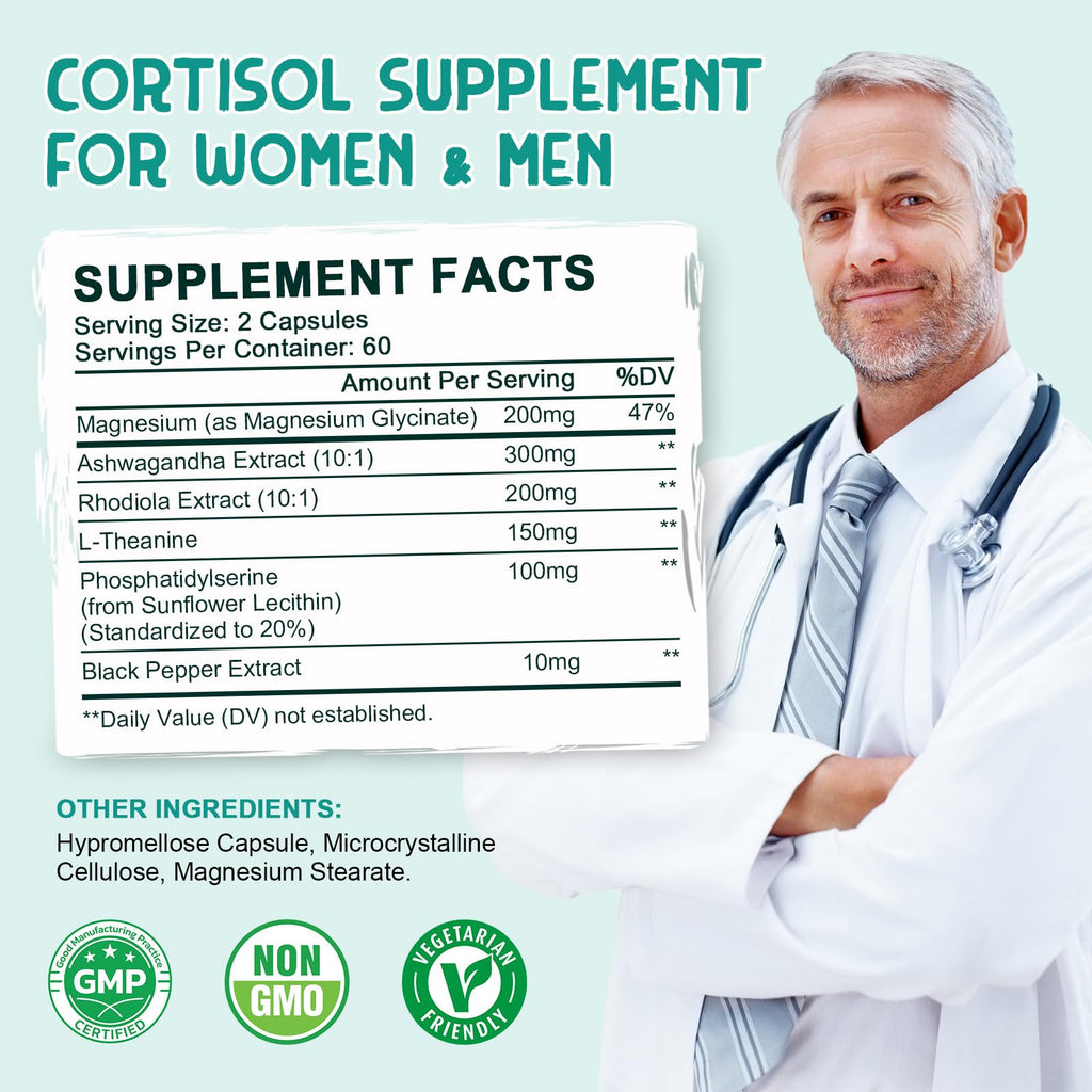 LUCNVEM Cortisol Supplement for Women & Men, Cortisol Reducer Detox Manager, Ashwagandha/Rhodiola Rosea/Magnesium and L-theanine Complex for Mood/Focus & Sleep- 60 Day Vegan Supply