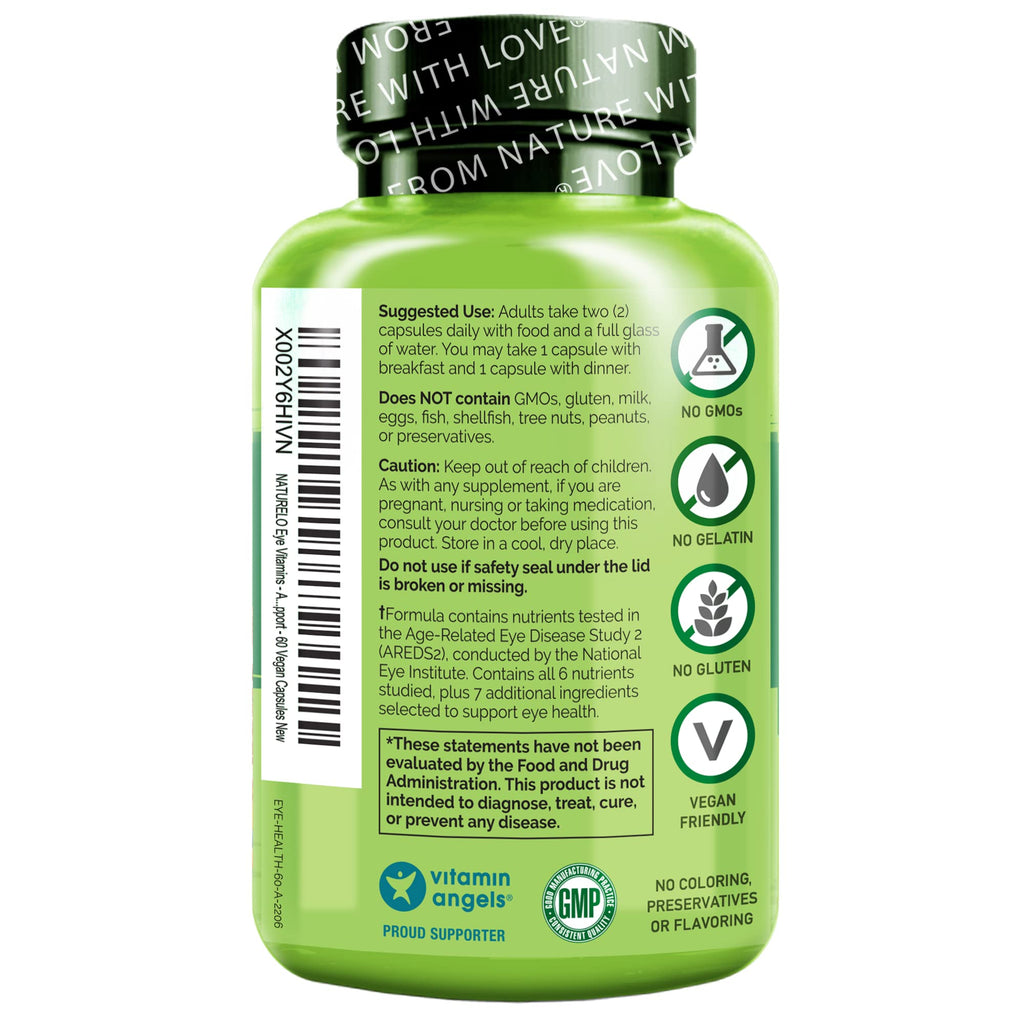 NATURELO Eye Vitamins - AREDS 2 Formula Nutrients with Lutein, Zeaxanthin, Vitamin C, E, Zinc, Plus DHA - Supplement for Dry Eyes, Healthy Vision, Eye Support - 60 Vegan Capsules