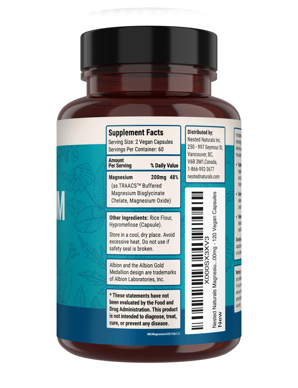 Nested Naturals Magnesium Glycinate Chelate - 200mg Chelated Magnesium Supplement for Muscle Cramps, Relaxation, & Sleep Support - 100% Albion TRACCS Buffered Magnesium Glycinate - 240 Vegan Capsules