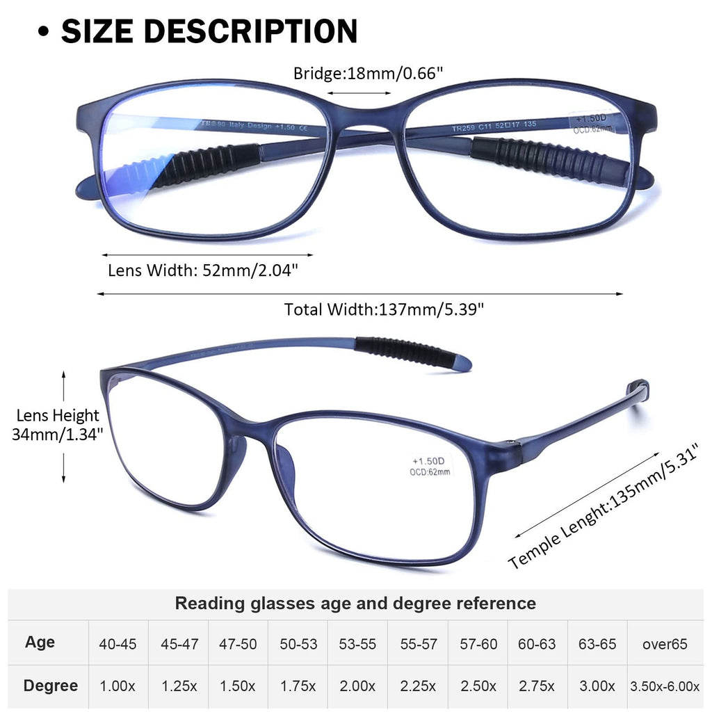 AQWANO 1.5 Reading Glasses for Men Women, Blue Light Blocking Computer Readers, 4 Pack TR90 Flexible Unbreakable Frames Lightweight Cheaters