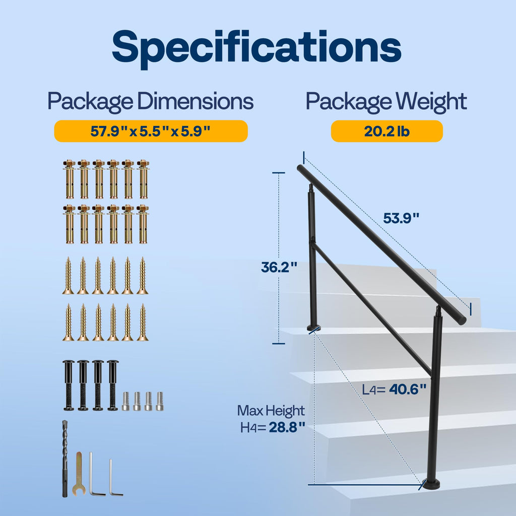 VIVOHOME 2-Pack Hand Rails for Outdoor Steps, Galvanized Steel Railing, Straight Round Exterior Hand Railing for Porch, Deck, or Indoor Stairs, 4 Step Railing Kit