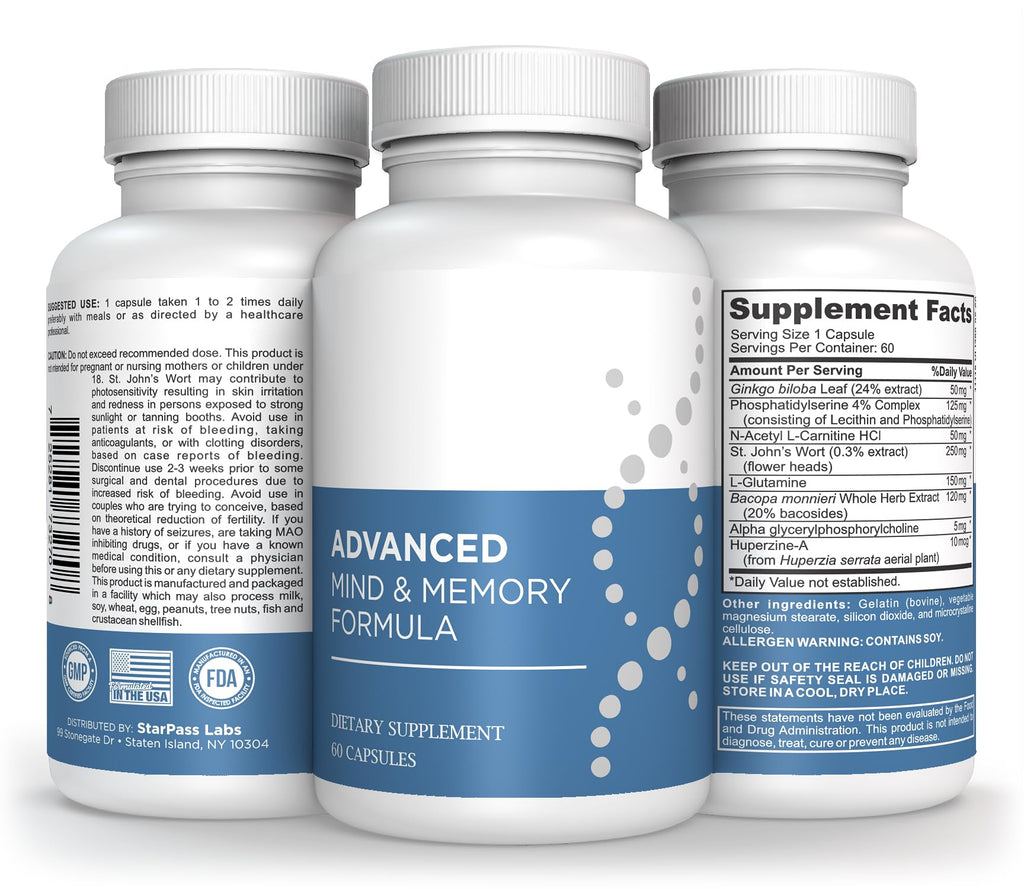StarPass Labs Advanced Memory Formula Extreme Brain Booster, Brain Supplement for Memory, Focus and Mental Performance, Memory Vitamins for Better Brain Health 180 Capsules (3 Pack)