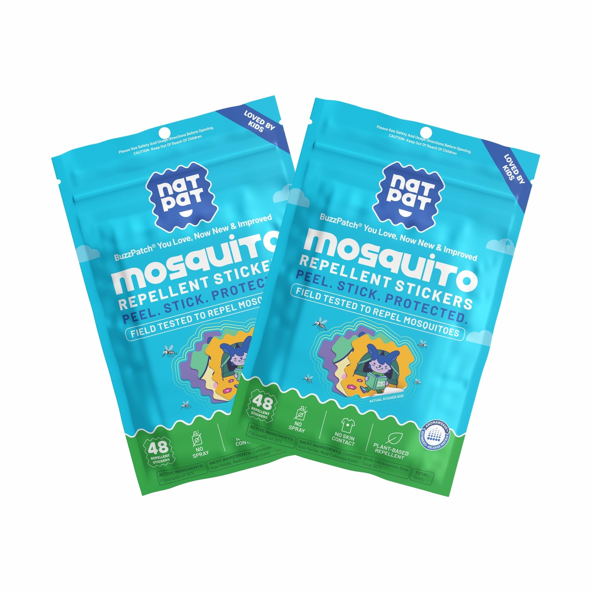 NATPAT BuzzPatch Mosquito Patch Stickers for Kids - All Natural, Plant Based Ingredients, Non-Toxic, DEET Free, Citronella Insect Patches, for Toddlers, Babies, Children (2 Pack, 96 Units)