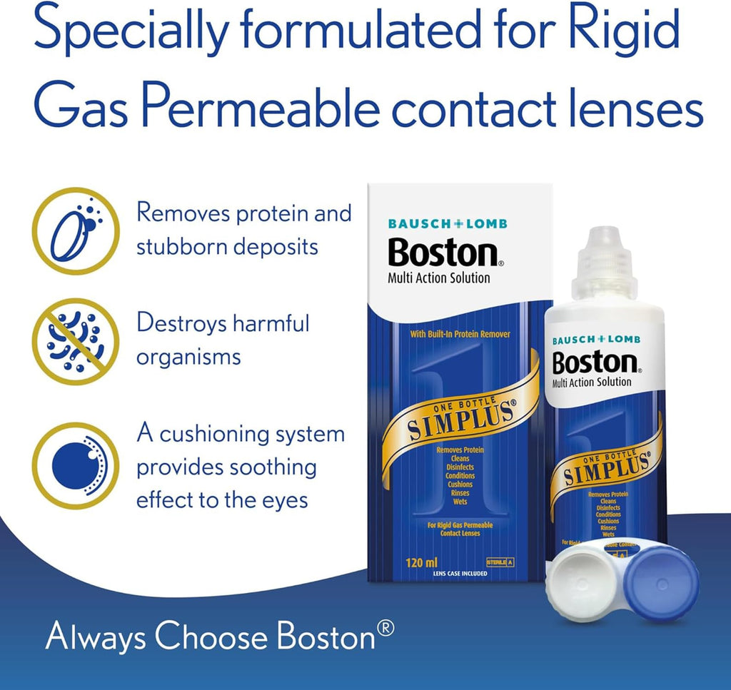Boston Simplus Multi-Action Solution, 4X 120ml Contact Lens Solution for Rigid Gas Permeable Contact Lenses - Clean, Disinfect & Condition with 4X Lens Cases