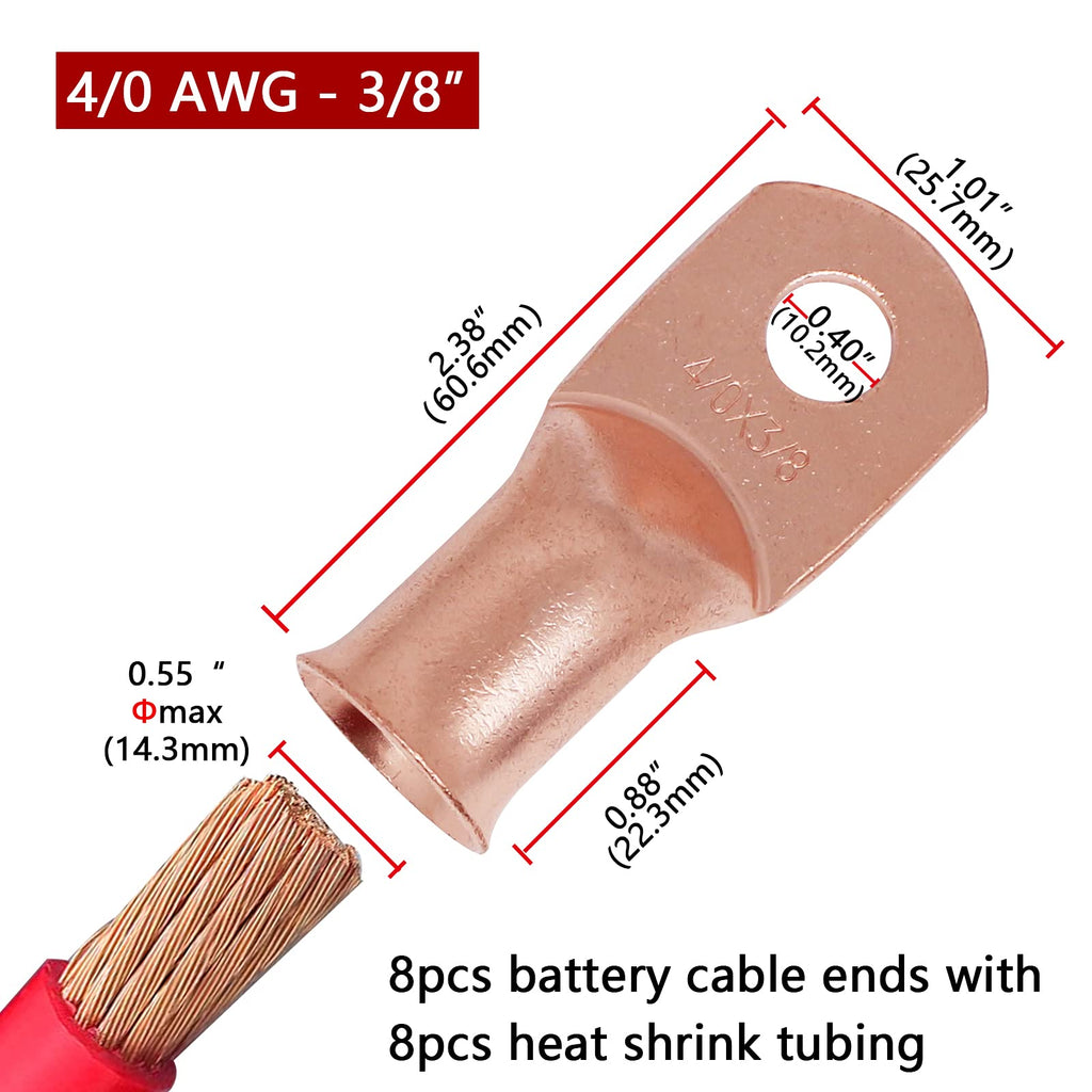 TKDMR 8 PCS 4/0 AWG - 3/8 Battery Cable Lugs Copper Wire Ring Terminals