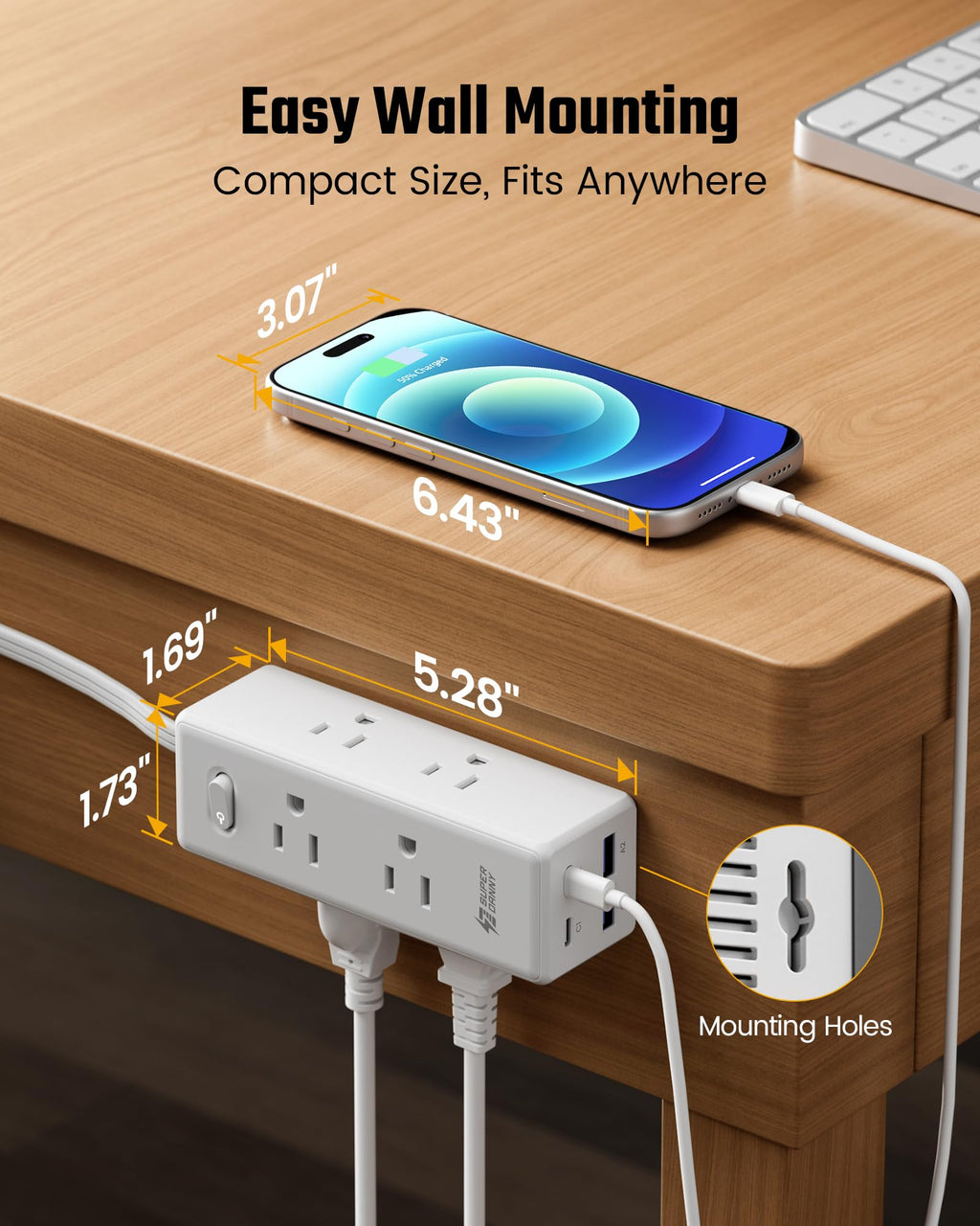 SUPERDANNY 15Ft Extension Cord with Multiple Outlets, Flat Plug Power Strip