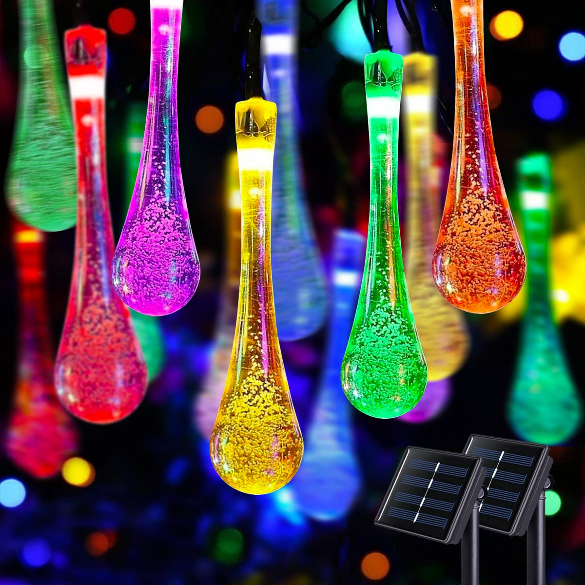 JMEXSUSS 2 Pack Solar String Lights Outdoor, Total 60LED 41.6FT, Water Drop