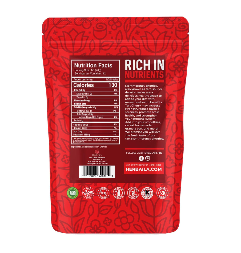 Herbaila Dried Cherries Tart Cherry, Montmorency Tart Cherries, Dried Sour Cherries Fresh, Montmorency Dried Tart Cherries, Dried Cherries, All-Natural Whole Sour Cherry (1lb)