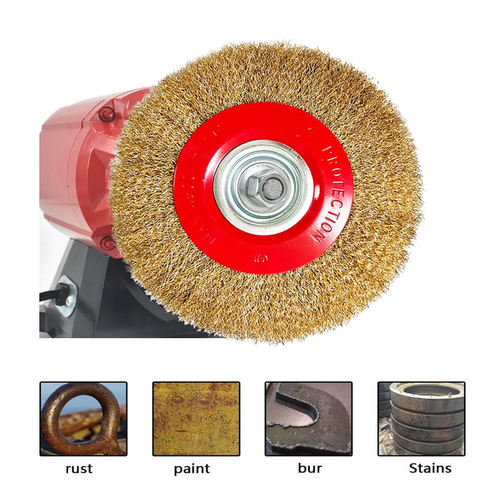 OSFTBVT 8in Bench Wire Wheel Brush | Coarse Crimped Steel Wire 0.012" with 1/2" 5/8" 3/4" 7/8" 1" Arbors for Bench Grinder Brass Coated Steel- 1pcs