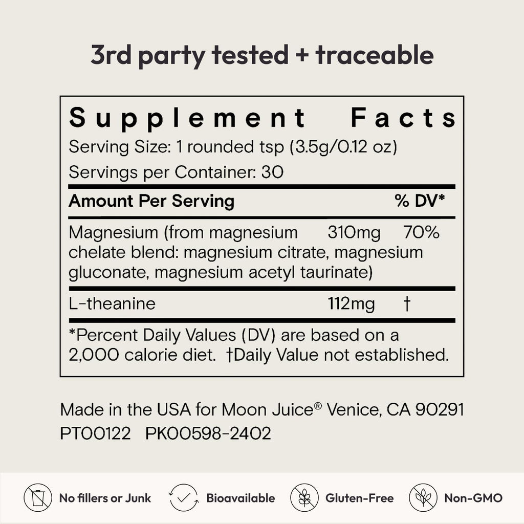 Moon Juice Magnesi-Om Magnesium Powder Supplement - Chelated Magnesium Complex + L-Theanine Blend for Rest, Relaxation & Regularity - Vegan, Non-GMO & No Sugar, Unflavored, 3.9 oz, 30 Sevings