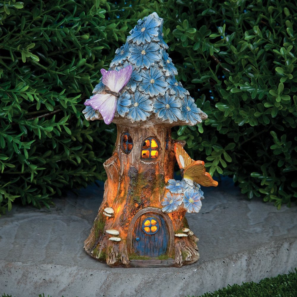 Bits and Pieces - Solar Butterfly and Blue Daisies Fairy House - Unique Lawn and Garden Décor